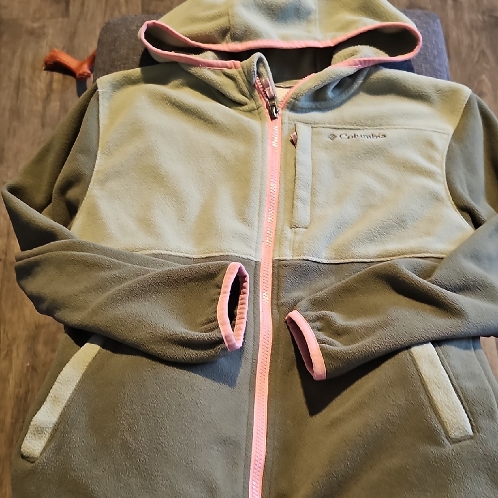 Columbia Kids' Hoodie Fleece Olive Coral Pink Youth Large 14 / 16 Jacket